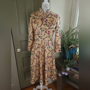 Vintage 70s Double Knit Western Fit And Flare Paisley Dress Women's S